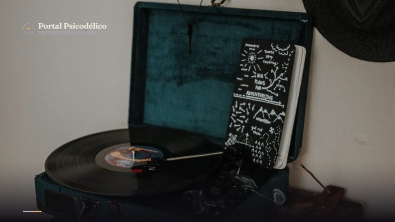 tocadiscos vintage y vinilos de rock psicodélico de los sesenta